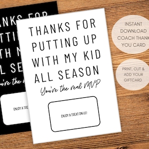 Tarjeta de agradecimiento divertida para entrenadores / Tarjeta de regalo para el personal técnico / Regalo de fin de temporada imprimible con descarga instantánea / Opciones en blanco o negro