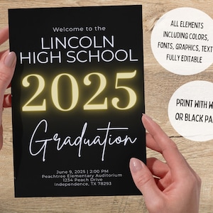 May include: Black graduation announcement for Lincoln High School's class of 2025. The design features gold lettering for "2025" and "Graduation", with additional details including the date, time, and location. Two circular graphics provide additional information.
