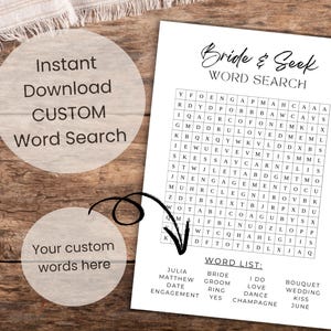 Puede incluir: Un rompecabezas de búsqueda de palabras imprimible con el título "Bride & Seek Word Search". El rompecabezas presenta palabras relacionadas con una boda, como "bride", "groom", "ring", "love", "dance" y "bouquet".