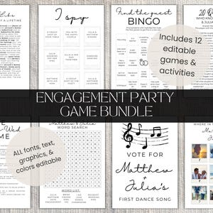 Pacote de jogos para festa de noivado | Atividades divertidas modernas minimalistas editáveis | Pacote de jogos personalizados para chá de panela | Modelo Canva para download instantâneo