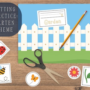 May include: A wooden table displays a garden-themed cutting practice worksheet with a blue sky and white picket fence background. Includes a pencil, scissors, and cut-out shapes of a ladybug, bee, butterfly, flower, and leaf.