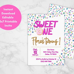 Sweet ONE Party, Sweet One Invite, First Birthday Girl, Donut Invitation, Blush Pink Dessert, INSTANT Download, Digital, Printable Editable