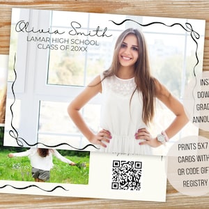 Anúncio de formatura de arco | Registro de presentes com código QR | Estilo desenhado à mão de coquete | Instruções fáceis de seguir | Convite de paisagem
