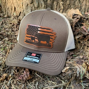 Leather Patch Hat, Cow Hat, American Flag Hat, Trucker Cap, Farm Apparel, Richardson 112 Hat, Farm Hat, Cattle Hat, Homestead Hat, Leather