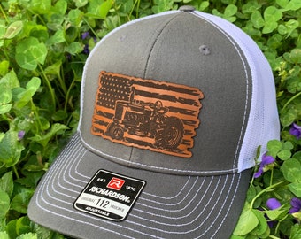 Leather Patch Hat, Tractor Hat, American Flag Hat, Trucker Cap, Farm Apparel, Richardson 112 Hat, Farm Hat, Laser Engraved Gifts, Homestead