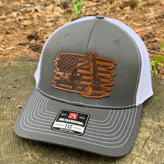 Leather Patch Hat, Excavator Hat, American Flag Hat