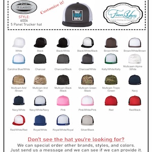 Puede incluir: Un gr&aacute;fico con 24 gorras de camionero de 5 paneles en varios colores y patrones. Las gorras est&aacute;n dispuestas en filas y columnas. El texto "STYLE: 6006" est&aacute; en la parte superior del gr&aacute;fico. El texto "&iquest;No ves la gorra que est&aacute;s buscando?" est&aacute; en la parte inferior del gr&aacute;fico.