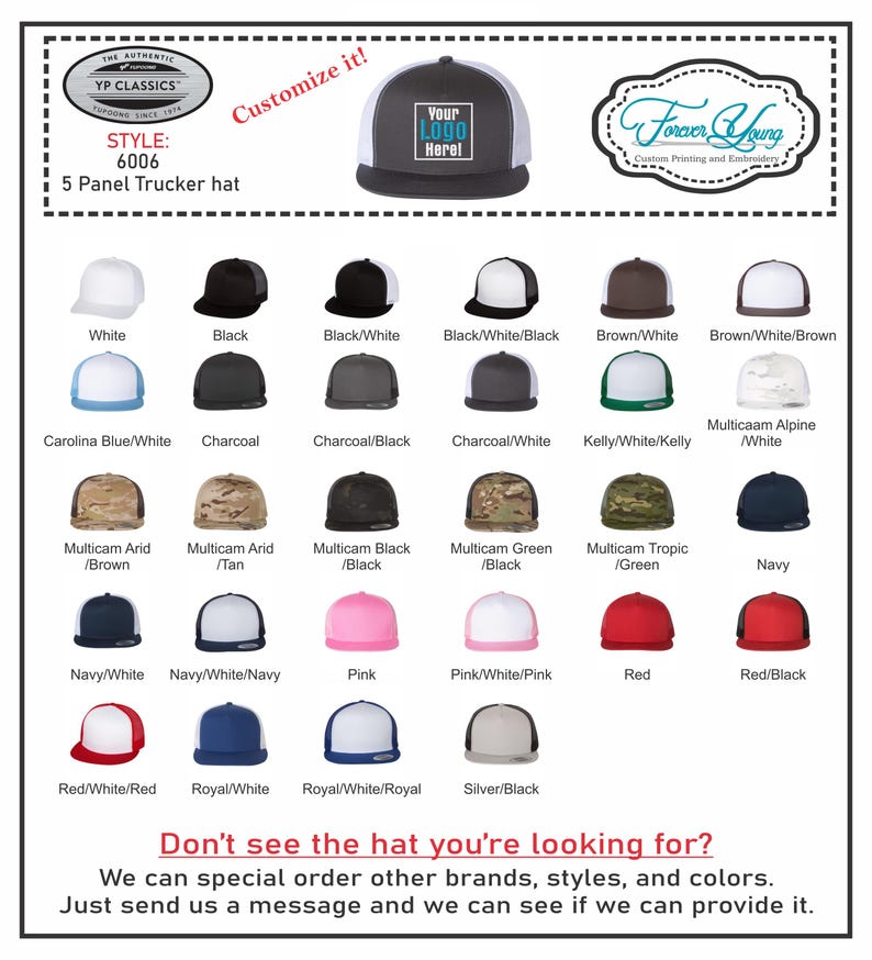 Puede incluir: Un gr&aacute;fico con 24 gorras de camionero de 5 paneles en varios colores y patrones. Las gorras est&aacute;n dispuestas en filas y columnas. El texto "STYLE: 6006" est&aacute; en la parte superior del gr&aacute;fico. El texto "&iquest;No ves la gorra que est&aacute;s buscando?" est&aacute; en la parte inferior del gr&aacute;fico.