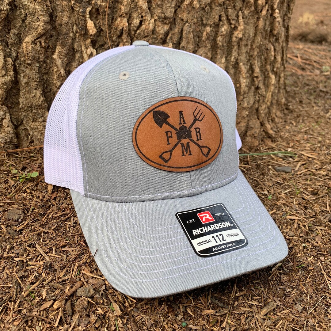 Leather Patch Hat, Farm Hat, Trucker Cap, Richardson 112 Hat, Laser
