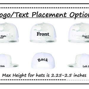Puede incluir: Una gorra de camionero de camuflaje blanco con diferentes opciones de colocaci&oacute;n de texto. El texto incluye "Front", "Front Right Panel", "Front Left Panel", "Right Side", "Back" y "Left Side". La altura m&aacute;xima de la gorra es de 2,25-2,5 pulgadas.