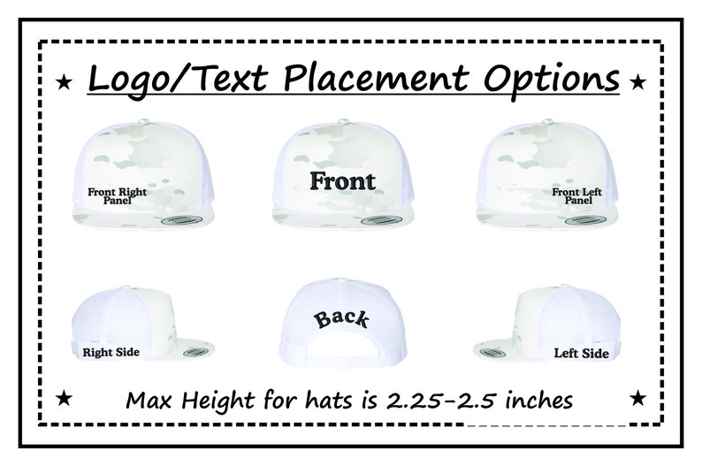 Puede incluir: Una gorra de camionero de camuflaje blanco con diferentes opciones de colocaci&oacute;n de texto. El texto incluye "Front", "Front Right Panel", "Front Left Panel", "Right Side", "Back" y "Left Side". La altura m&aacute;xima de la gorra es de 2,25-2,5 pulgadas.