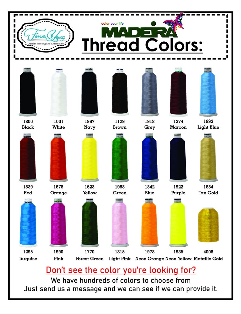 Puede incluir: Una tabla de colores de hilo Madeira con carretes de hilo en varios colores, incluyendo negro, blanco, azul marino, marr&oacute;n, gris, granate, azul claro, rojo, naranja, amarillo, verde, azul, morado, dorado, turquesa, rosa, verde bosque, rosa claro, naranja ne&oacute;n, amarillo ne&oacute;n y dorado met&aacute;lico. El texto "&iquest;No encuentras el color que buscas?" est&aacute; en la parte inferior de la tabla.