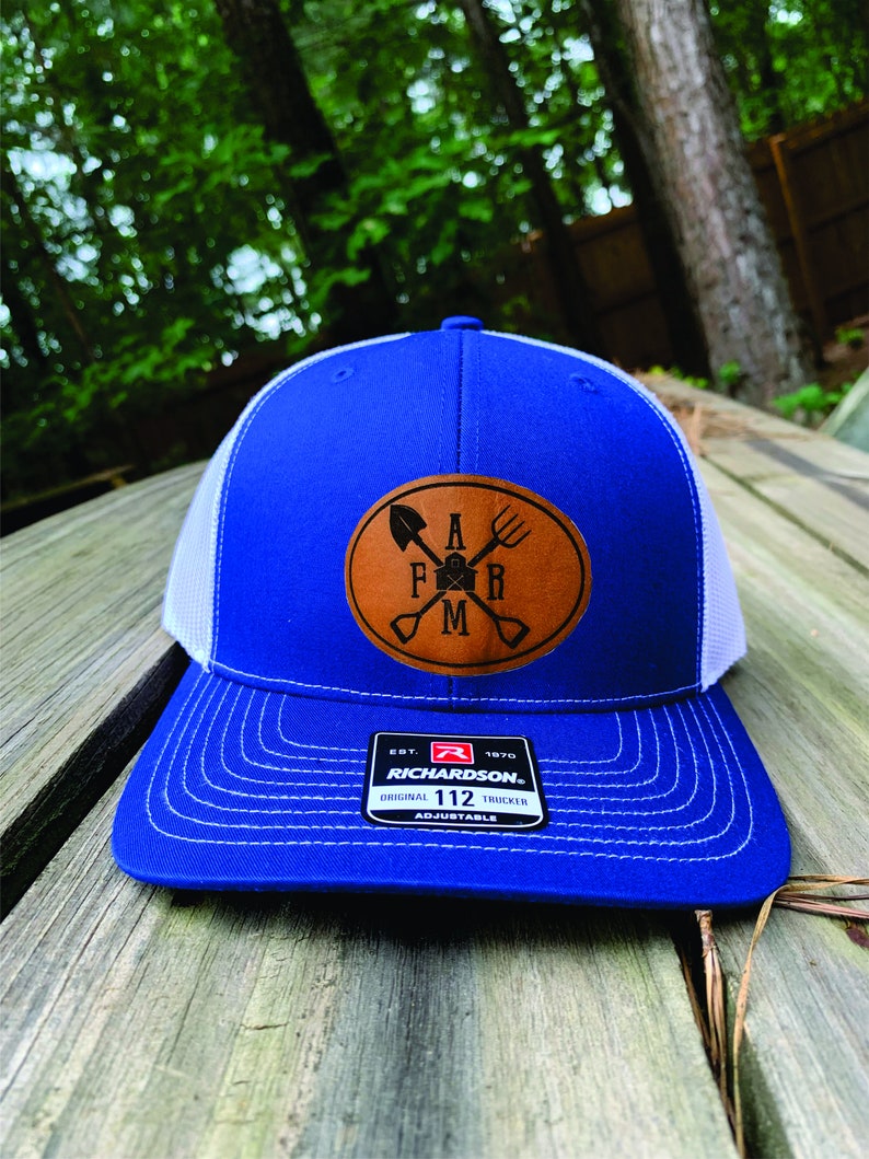Leather Patch Hat, Farm Hat, Trucker Cap, Richardson 112 Hat, Laser