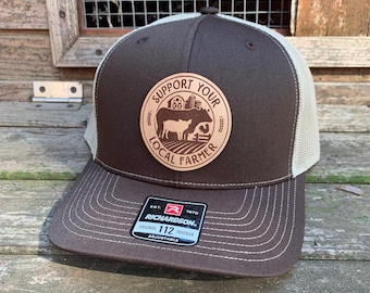 Leather Patch Hat, Support Local Farmers Hat, Trucker Cap, Farm Apparel, Richardson 112 Hat, Farm Hat, Laser Engraved Gifts, Farming Hat,