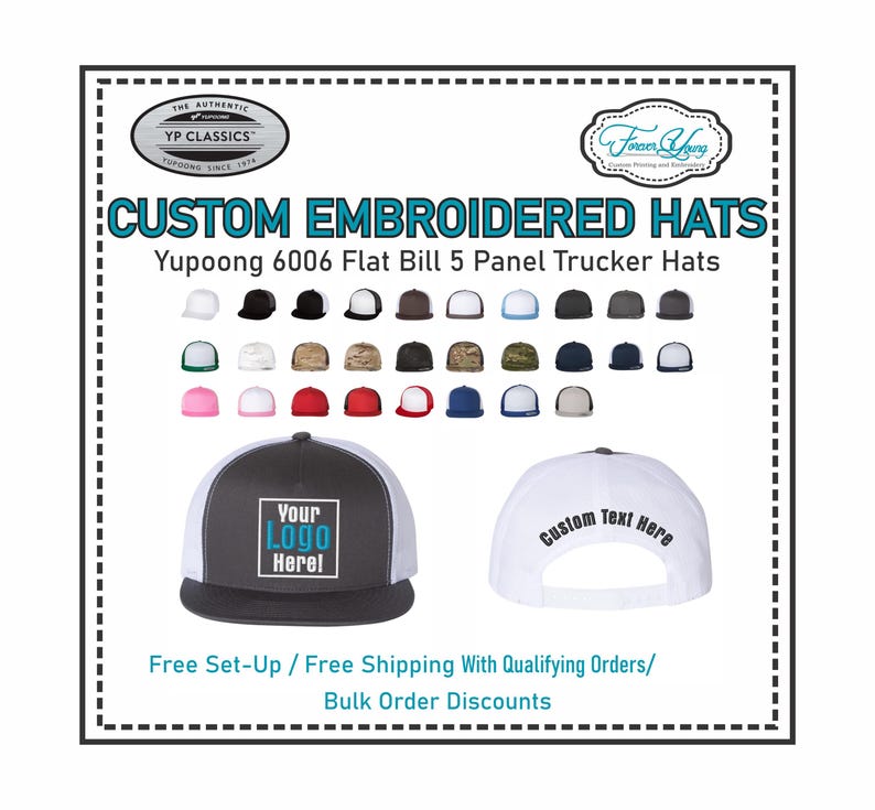 Puede incluir: Gorras de camionero bordadas personalizadas con visera plana. Las gorras est&aacute;n disponibles en una variedad de colores y se pueden personalizar con un logotipo o texto. Configuraci&oacute;n gratuita y env&iacute;o gratuito con pedidos que califican. Descuentos por pedidos al por mayor disponibles.