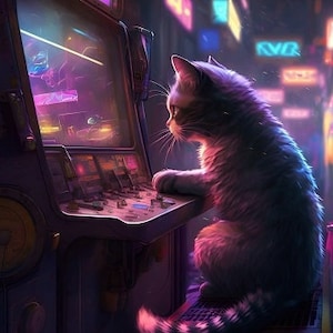 PC Gamer Wall Art | Arcade machine, cyberpunk cat, high res, neon wallpaper | DIGITAL DOWNLOAD