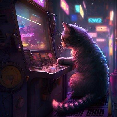PC Gamer Wall Art Arcade Machine, Cyberpunk Cat, High Res, Neon ...