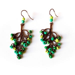 Boho Green Beaded Copper Leaf Earrings, Rustic Tree Branch Dangle Earrings, Handmade Hippie Nature Jewelry, Birthday Gift for Her
