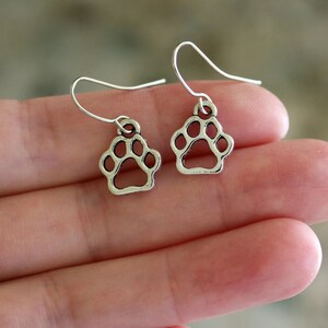 Paw Print Dangle Earrings, Animal Lover Gift, Minimalist Silver Tone Pet Jewelry, Cute Dog Mom Gift, Cat Lover Earrings, Pet Owner Accessory