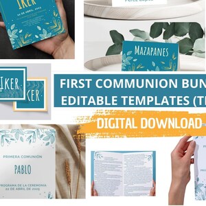 May include: A digital download bundle of editable templates for a first communion celebration. The templates feature a blue and gold color scheme with a leafy design. The text includes "First Communion Bundle", "Editable Templates (Text)", and "Digital Download".
