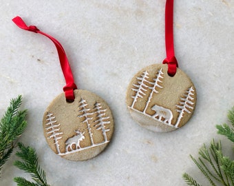 Moose & Bear Ornaments / Forest Animals / Handmade Ornament / White Pottery Ornament / Ceramic Ornament / Christmas Trees / Farmhouse