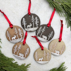 Moose & Bear Ornaments / Forest Animals / Handmade Ornament / White Pottery Ornament / Ceramic Ornament / Christmas Trees / Farmhouse