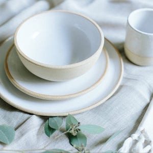 LIMITED EDITION Handmade Pottery Dishes, White Plate Settings With Unglazed Rim, Pottery, Stoneware, Ceramic Dinnerware Sets image 1