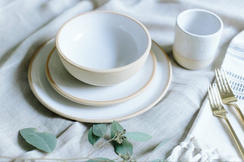 LIMITED EDITION Handmade Pottery Dishes, White Plate Settings With Unglazed Rim, Pottery, Stoneware, Ceramic Dinnerware Sets image 1