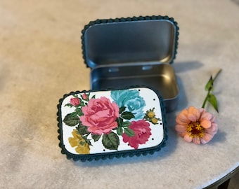Flower Tin for Purse Organization, Altoid Sized Tins with Hinged Lid for Gifting, Cosmetics, Sewing Kit, Etc.