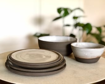 6 Piece Wabi Sabi Set, Black & White Small Plates and Bowls, Handmade Pottery Dishes, Stoneware, Ceramic Dinnerware