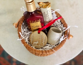 Holiday Gift Basket / White Pottery Match Striker / Handmade Ornament / Bath & Bodyworks frosted cranberry soap / Godiva chocolate