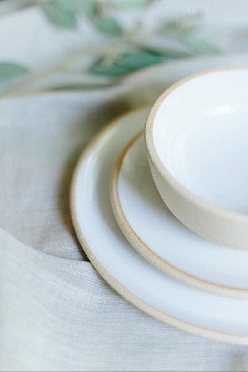 LIMITED EDITION Handmade Pottery Dishes, White Plate Settings With Unglazed Rim, Pottery, Stoneware, Ceramic Dinnerware Sets image 4