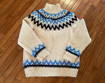 Hand Knit Wool Sweater.  Size Large. Blues & Off White