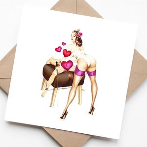 Carte d'anniversaire sexy - Belle femme dominante en corset blanc, courte et mains roses couvertes d'un coeur - Humour délirant pour adultes pour couple