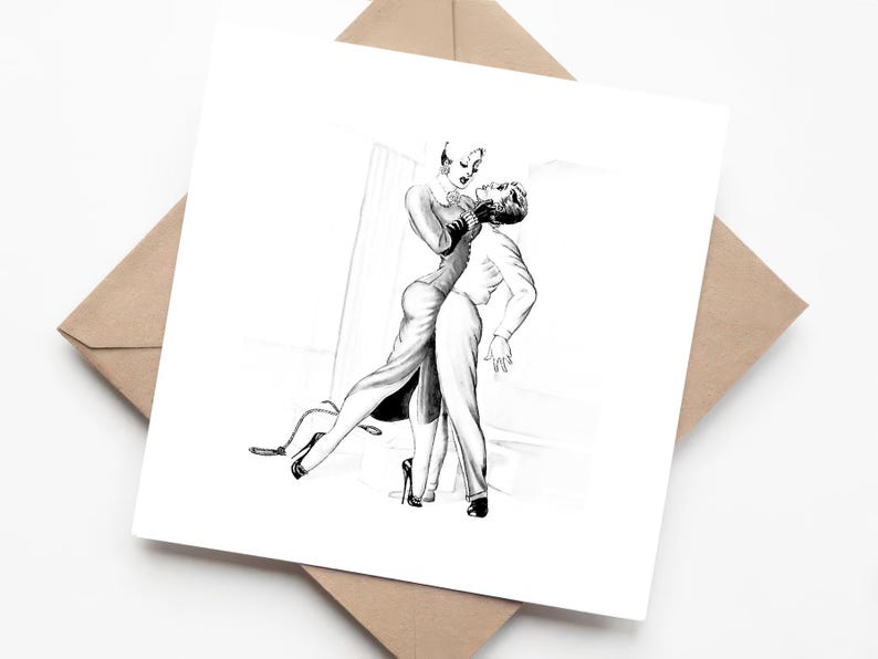 May include: A black and white illustration of a couple dancing. The woman is wearing a dress and the man is wearing a suit. They are both smiling and looking at each other.