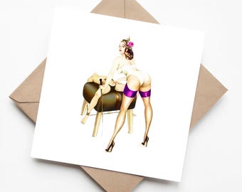 Elegant Control! Corset-Clad Woman in Command – Tasteful Power Play Illustration, Adult Greeting Card