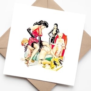 Illustrazione di una scena di disonore pubblico, sexy e per adulti, divertente e umoristico, biglietto di auguri.