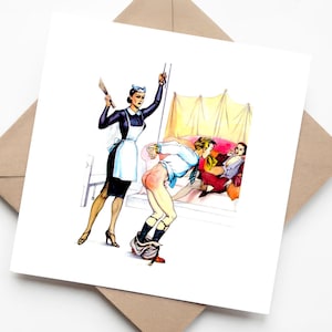 Cheeky Maid: una scena giocosa di malizia e sorpresa con carta umorismo per adulti