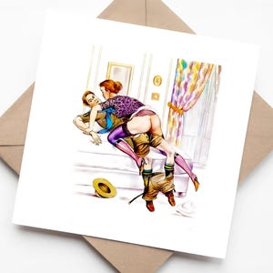 Tarjeta divertida con temática de juego de rol para adultos. Ilustración erótica. Humor. Tarjeta de felicitación divertida
