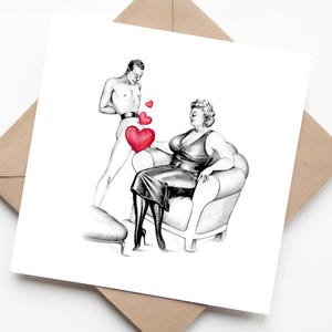 Al suo comando: elegante dominio, biglietto d'auguri con illustrazione divertente per adulti