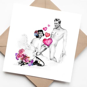 Carte d'anniversaire sexy rétro drôle - femme souriante avec une surprise couverte de coeur - humour adulte impertinent pour les couples - illustration coquine