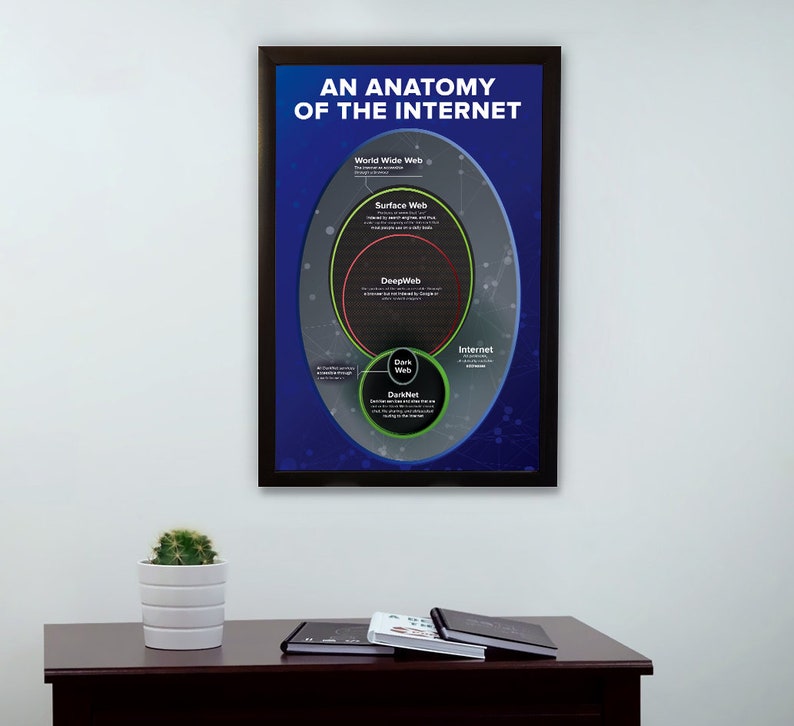May include: A framed poster titled "AN ANATOMY OF THE INTERNET" with a blue background and concentric circles representing the World Wide Web, Surface Web, Deep Web, Dark Web, and DarkNet. A small cactus in a white pot sits on a dark brown table.