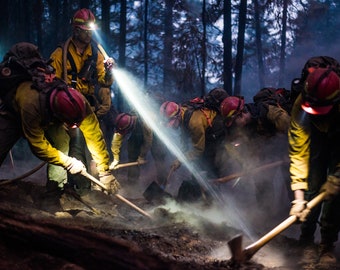 Fine Art Photography Prints "Night Dig": Wildland Fire, Firefighting, Firefighter, Digging, Hard Work, Mop-up, Forest, Night Shift, Hose