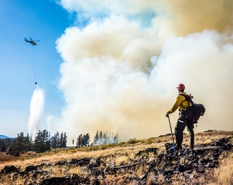 Fine Art Photography Prints "Bucket Drop": Wildland Fire, Firefighting, Teamwork, Burn Operation, Central Oregon, Firestorm, Helicopter, Sky