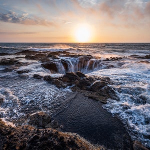 Fine Art Photography Prints &quot;Origin&quot;: Thor&#39;s Well, Yachats, Oregon Coast, Sunset, Rocks, Waves, Clouds, Ocean, Beach, Coastal, PNW, Artwork