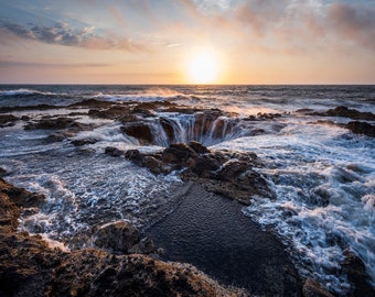 Fine Art Photography Prints "Origin": Thor's Well, Yachats, Oregon Coast, Sunset, Rocks, Waves, Clouds, Ocean, Beach, Coastal, PNW, Artwork