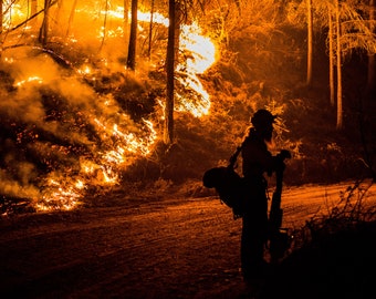 Fine Art Photography Prints "Nightmare": Wildland Fire, Firefighting, Teamwork, Night Shift, Embers, Smoke, Fireline, Burn Operation, Glow