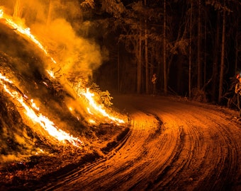 Fine Art Photography Prints "Sentinels": Wildland Fire, Firefighting, Teamwork, Night Shift, Embers, Smoke, Fireline, Burn Operation, Glow