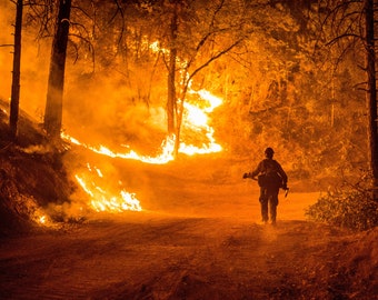 Fine Art Photography Prints "Thermal Warrior": Wildland Fire, Firefighting, Night Shift, Embers, Smoke, Fireline, Burn Operation, Glow, Lit