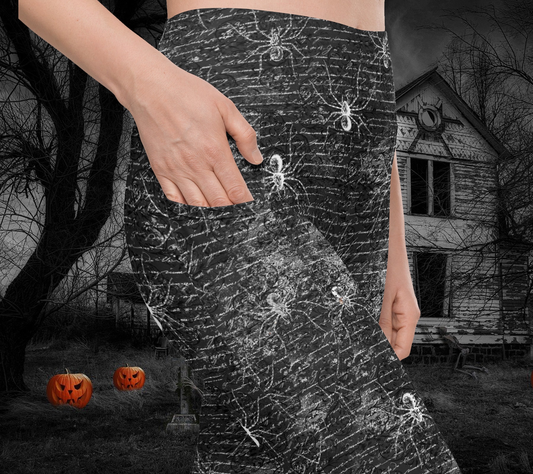 Halloween Leggings High Waisted With Pockets Plus Sizes Extended Sizes  Gothic Legging Dark Yoga Pants Happy Halloween Spiders -  Norway